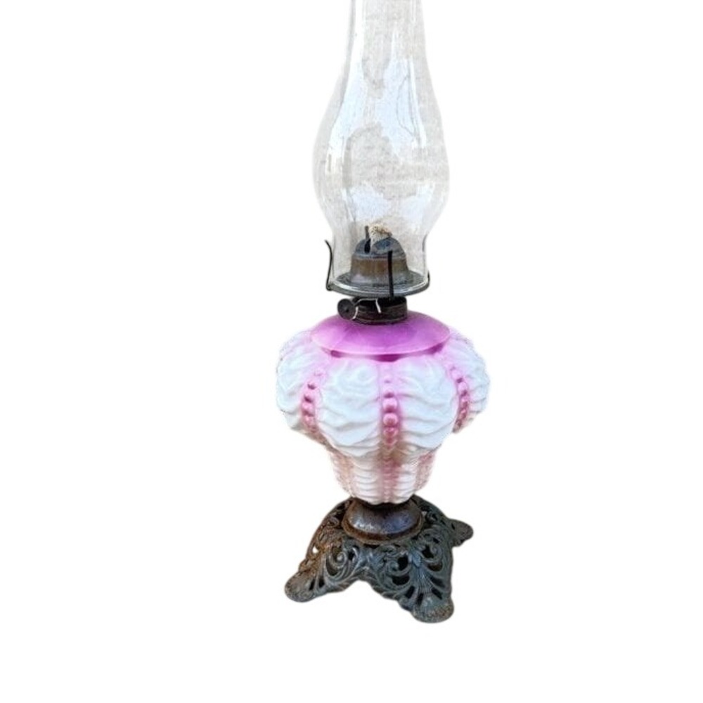 Antique Pink White Satin Glass Puffy Beaded Drape Oil Lamp Ornate Metal Base
